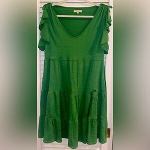 Max Studio Tiered Babydoll Dress Emerald Green Flutter Sleeve Scoop Neck Large